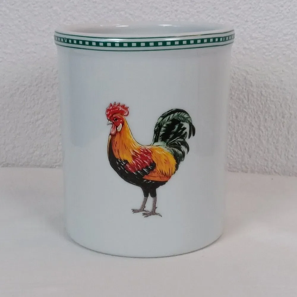 Late 20th Century Rooster White Stoneware Utensil Holder Crock Bia Cordon Bleu